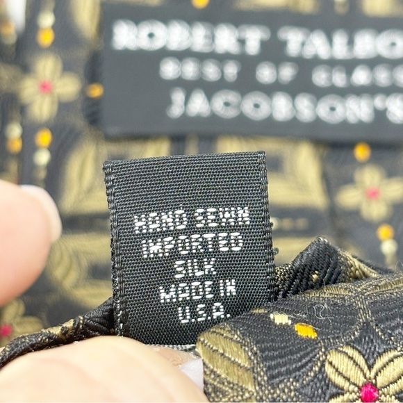 ROBERT TALBOTT JACOBSON’S Men’s Black Gold Floral Geo Silk Hand Made Tie USA 57” - Picture 7 of 7